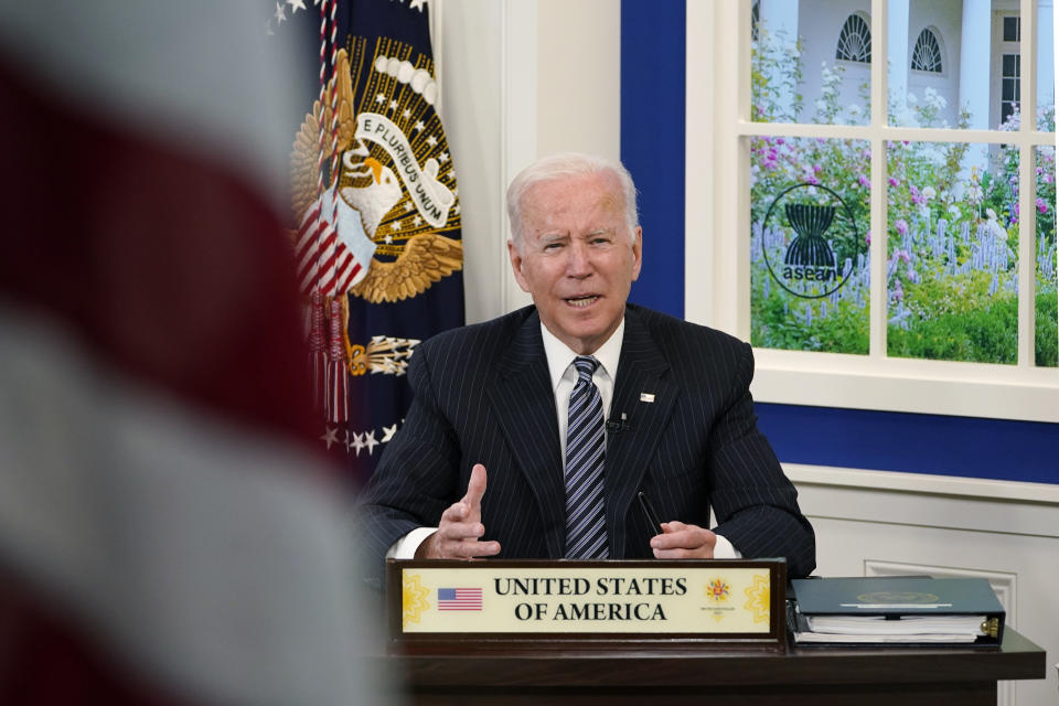 President Joe Biden participates virtually in the U.S.-ASEAN Summit from the South Court Auditorium on the White House complex in Washington, Tuesday, Oct. 26, 2021. It is the first time the United States has participated in the 10-member Association of Southeast Asian Nations since 2017, when President Donald Trump participated in the summit. (AP Photo/Susan Walsh)