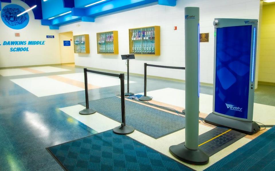 Body scanner is seen at R.P. Dawkins Middle School in Spartanburg, S.C. CMS officials consulted the Spartanburg district before implementing their own scanners.