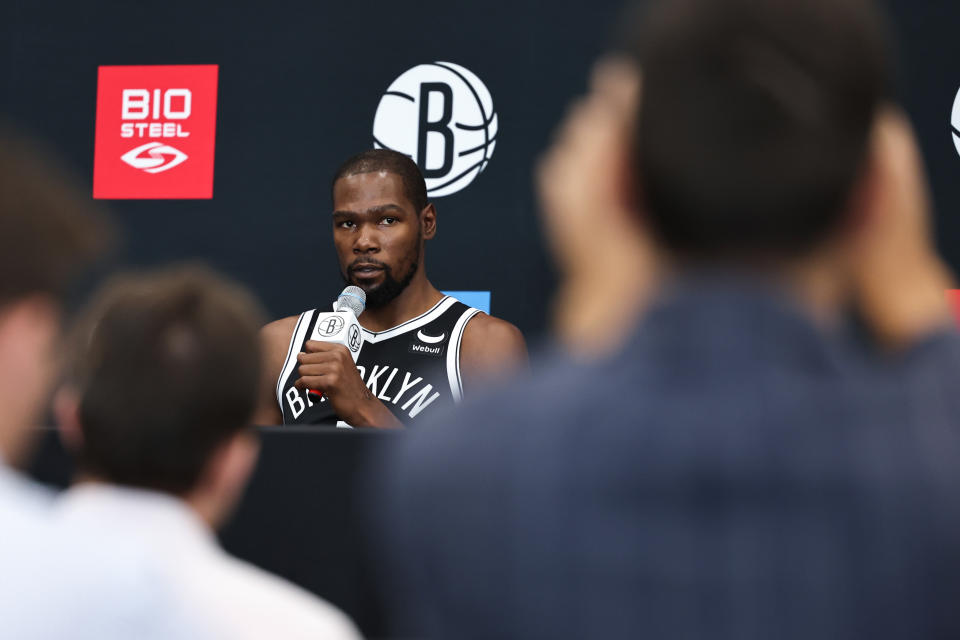 Kevin Durant of the Brooklyn Nets speaks during a news conference at Nets media day at HSS Training Center in the Brooklyn borough of New York City, on Sept. 26, 2022. (Dustin Satloff/Getty Images)