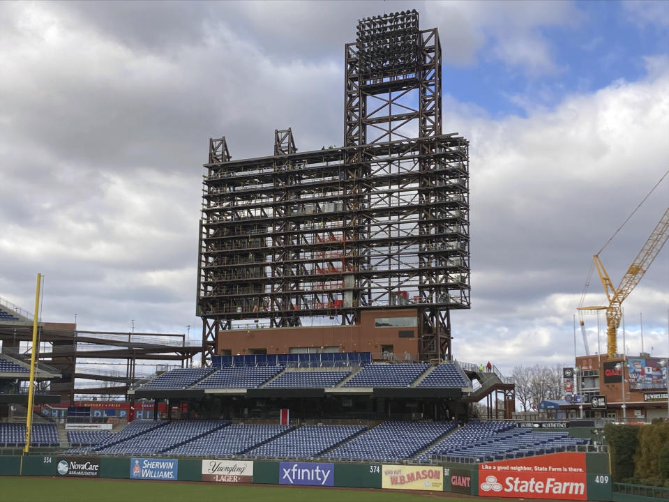 A new scoreboard is shown under construction at Citizens Bank Park, home of the Philadelphia Phillies baseball team, Wednesday, Jan. 18, 2023.(AP Photo/Dan Gelston)