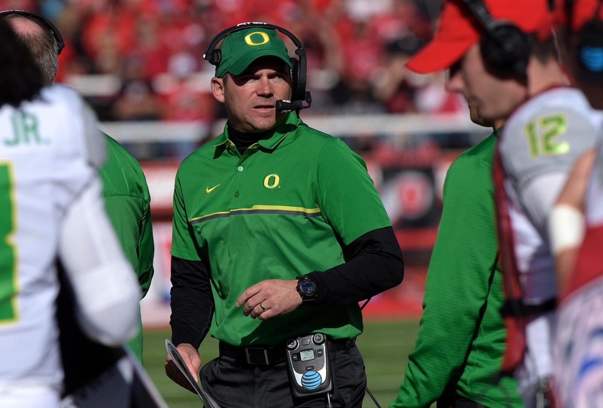 Oregon coach Mark Helfrich was fired Tuesday. (Getty)