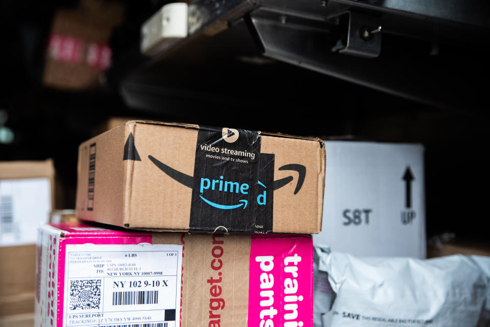 An Amazon package is seen on a delivery truck in New York City, New York, U.S., March 17, 2020.REUTERS/Jeenah Moon