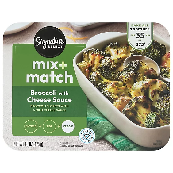 Signature Select Mix + Match Broccoli with Cheese Sauce; bake at 375°F for 35 minutes. Contains 15 oz (425g) broccoli florets with mild cheese sauce