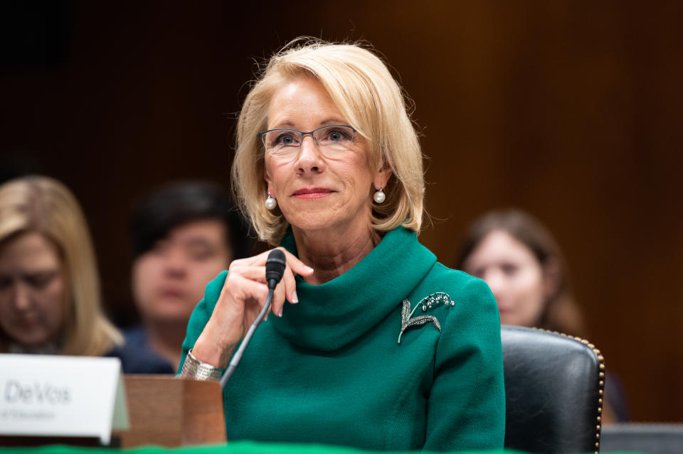 WASHINGTON, UNITED STATES - MARCH 05, 2020: Betsy DeVos, Secretary of Education, speaks at a hearing of the Senate Appropriations Subcommittee on Labor, Health and Human Services, Education, and Related Agencies in Washington.- PHOTOGRAPH BY Michael Brochstein / Echoes Wire/ Barcroft Studios / Future Publishing (Photo credit should read Michael Brochstein / Echoes Wire/Barcroft Media via Getty Images)