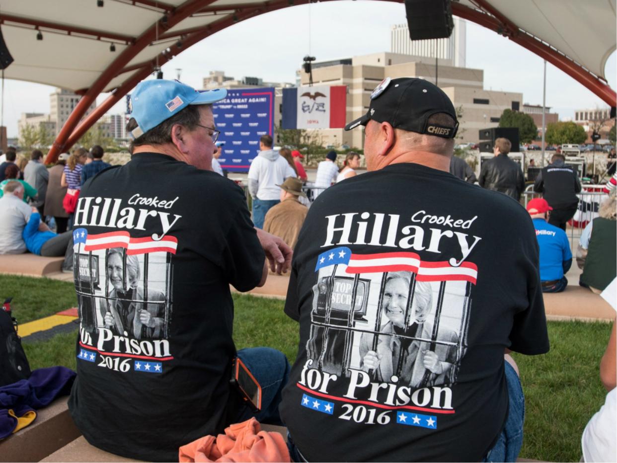 Supporters of then-presidential candidate Donald Trump chanted 'Lock her up' at a rally in Cedar Rapids, Iowa on 28 October 2016: David Greedy/Getty Images