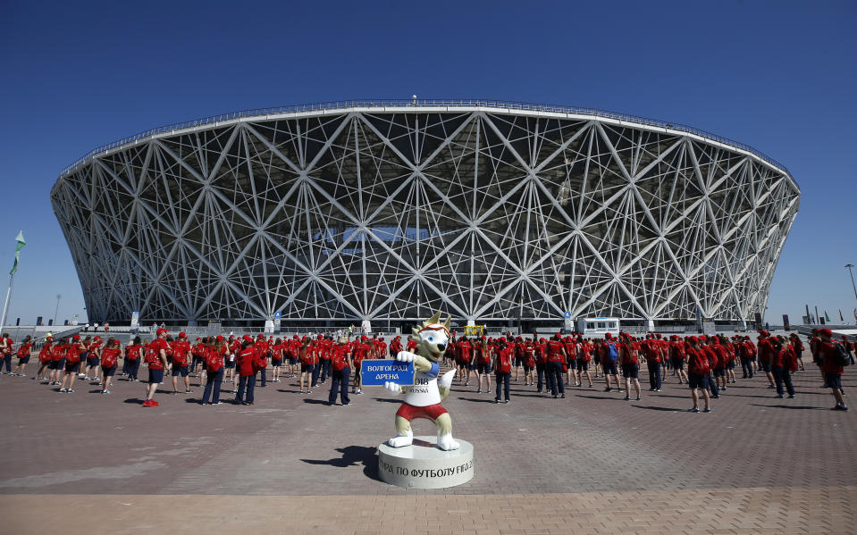 Helicopters have been spraying insecticide on Volgograd Arena for days to try and reduce the swarms of bugs that have been taking over the stadium and city. (Photo by Owen Humphreys/PA Images via Getty Images)