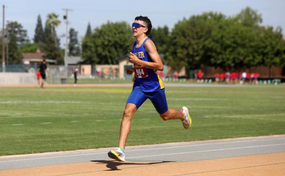 Parlier High School senior Evan Torres finished third in 9:51.2 in the senior boys race of the Kingsburg 2 Mile cross country meet at Kingsburg High on Sept. 9, 2023.