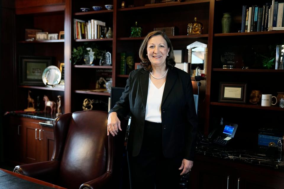 Ohio Supreme Court Justice Jennifer Brunner, who is running for Chief Justice, poses for a photo in her office in Columbus, Ohio on April 13, 2022. 