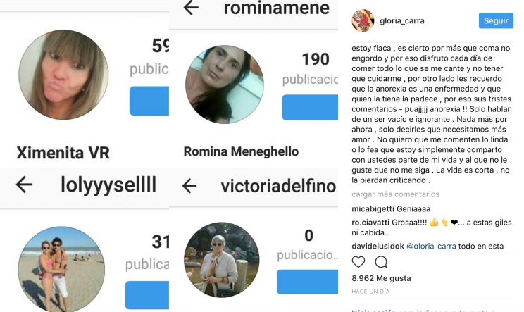 Así expuso la actriz a las seguidoras que la insultaron por su aspecto físico. Foto: captura Instagram/gloria_carra