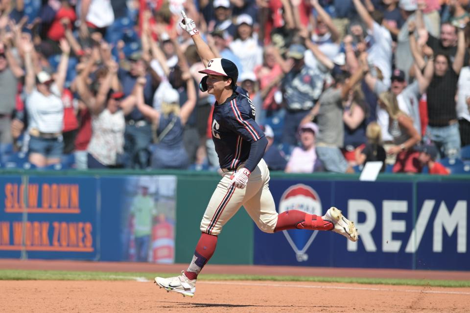 Cleveland Guardians' Will Brennan (17) celebrates after hitting a walk-off three-run home run in the ninth inning against the Minnesota Twins on Sunday in Cleveland.