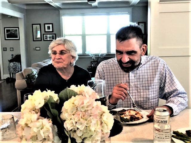 Rafe Sweeney with his mother, Judy Sweeney, during Easter dinner at his sister's home in Charlotte, NC.
