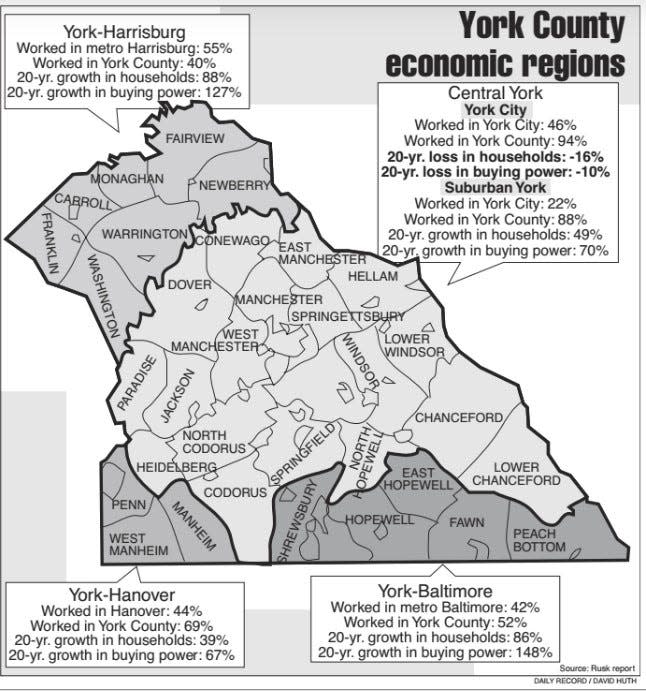 This map, from urban planner David Rusk’s 1996 “Renewing Our Community” report on York County, shows the Conewago Creek divided the top third of York County from the land below the waterway. The report divided York County into four economic regions, which roughly paralleled centuries-old settlement patterns. The map shows a change in residents finding work outside the county rather than employment within its borders, with commuters to Harrisburg leading the way.