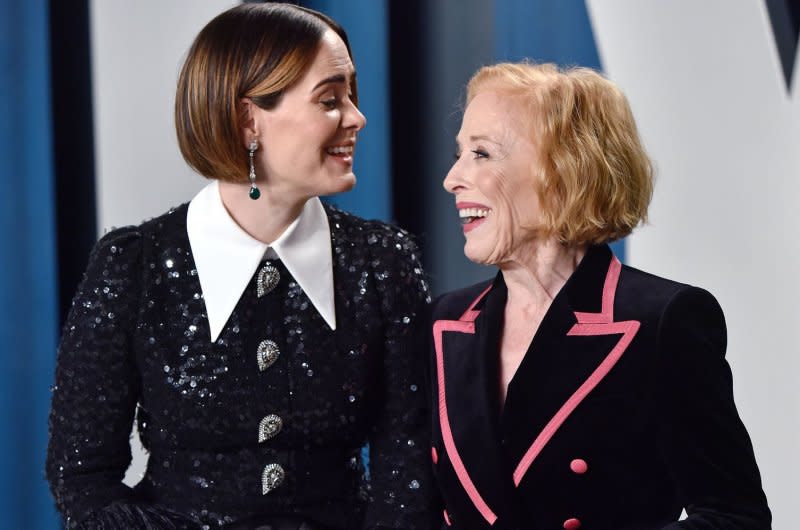 Sarah Paulson (L) and Holland Taylor arrive for the Vanity Fair Oscar party at the Wallis Annenberg Center for the Performing Arts in Beverly Hills, Calif., in 2020. File Photo by Chris Chew/UPI