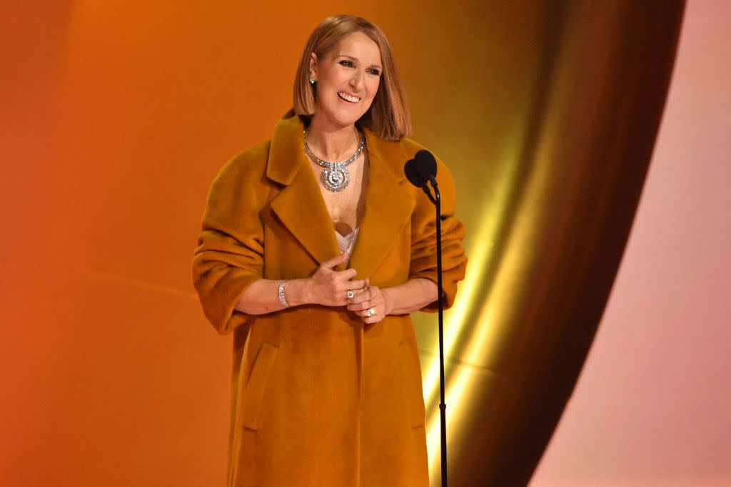 canadian singer celine dion presents the album of the year award on stage during the 66th annual grammy awards at the cryptocom arena in los angeles on february 4, 2024 photo by valerie macon afp photo by valerie maconafp via getty images