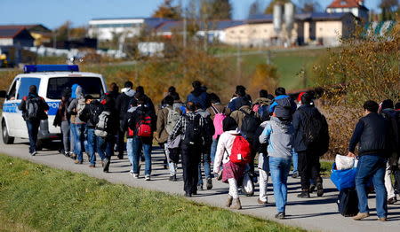 Migrants are escorted by German police to a registration centre, after crossing the Austrian-German border in Wegscheid near Passau, Germany, November 1, 2015. REUTERS/Michael Dalder