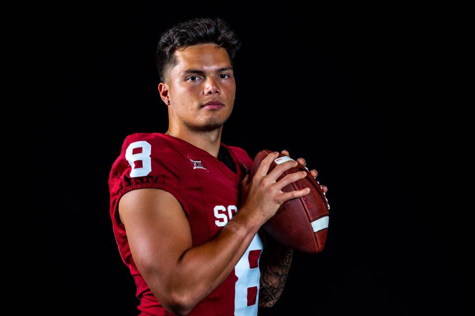OU quarterback Dillon Gabriel (8) is set for his second season in Norman after transferring from new Big 12 member UCF.