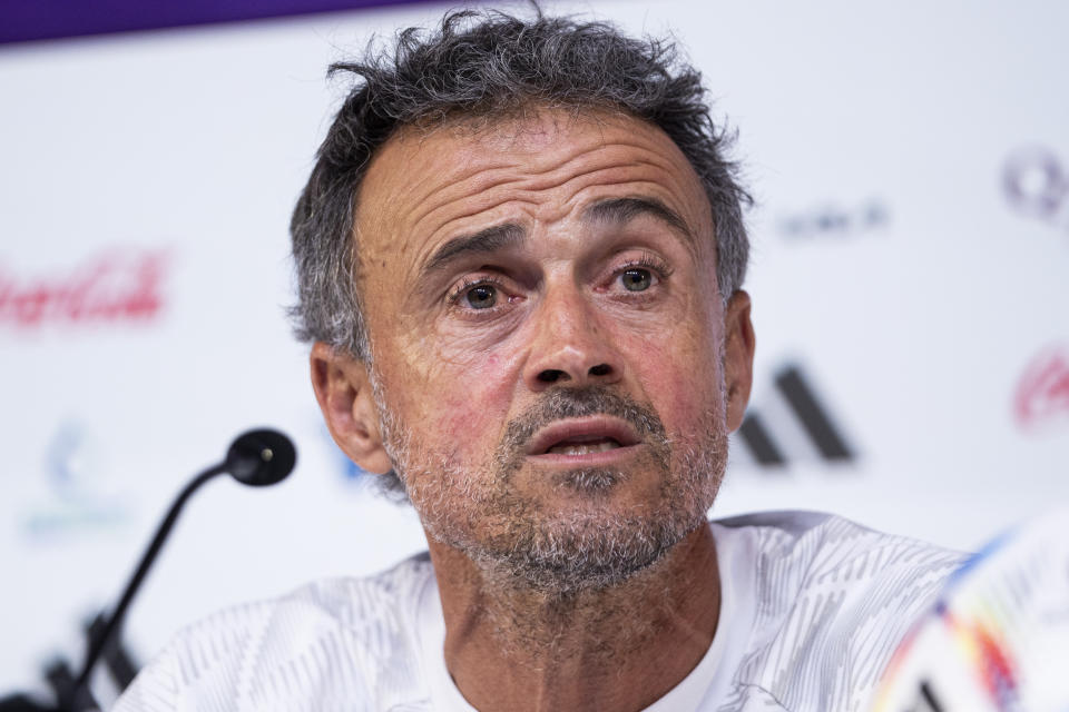 Spain's head coach Luis Enrique speaks to reporters during a news conference at Qatar University, in Doha, Qatar, Wednesday, Nov. 30, 2022. Spain will play its first final match in Group E in the World Cup against Japan on Dec. 1. (AP Photo/Julio Cortez)