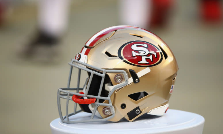 A closeup of a 49ers football helmet. Kyle Shanahan revealed his starter between Jimmy Garoppolo and Nick Mullens ahead of Week 3.