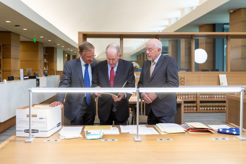 Former Govs. Bill Haslam, Lamar Alexander, and Phil Bredesen review records during a visit to the Tennessee State Library and Archives in May 2024. Their visit highlights a new exhibit "Dear Governor," of letters to and from Tennessee governors through state history.