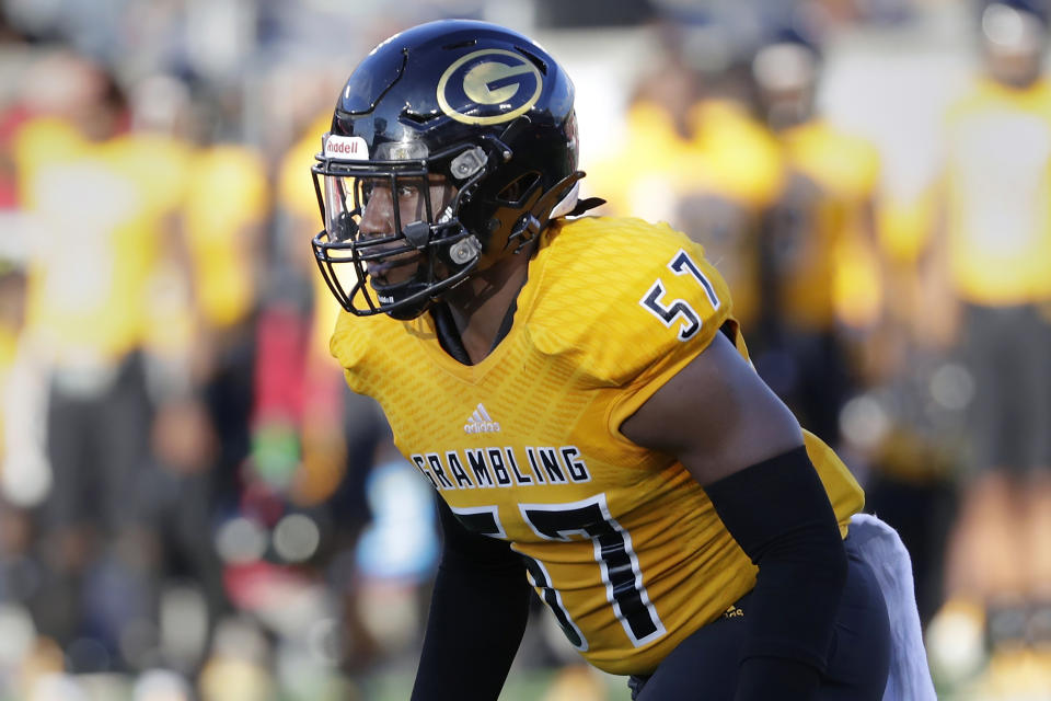 FILE - Grambling state linebacker Lewis Matthews (57) during an NCAA football game on Saturday, Sept. 18, 2021, in Houston, Texas. Matthews had 103 tackles and 12 tackles for loss in 2022. (AP Photo/Michael Wyke, File)