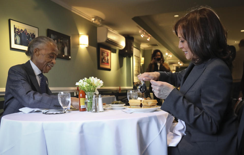 Harris and Rev. Al Sharpton have lunch at Sylvia's in New York on Feb. 21.