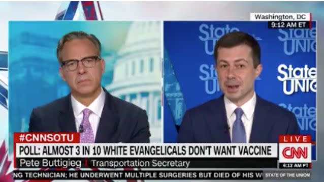 In an interview with CNN's Jake Tapper on Sunday, Transportation Secretary Pete Buttigieg implored white evangelicals reluctant to get vaccinated against COVID-19 to reconsider their stance.  (Photo: CNN)