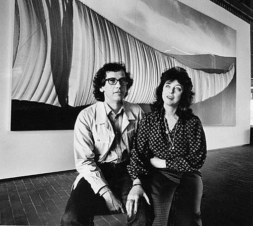 Christo and Jeanne-Claude with their "Running Fence" exhibition at the Newport Harbor Art Museum in 1980.