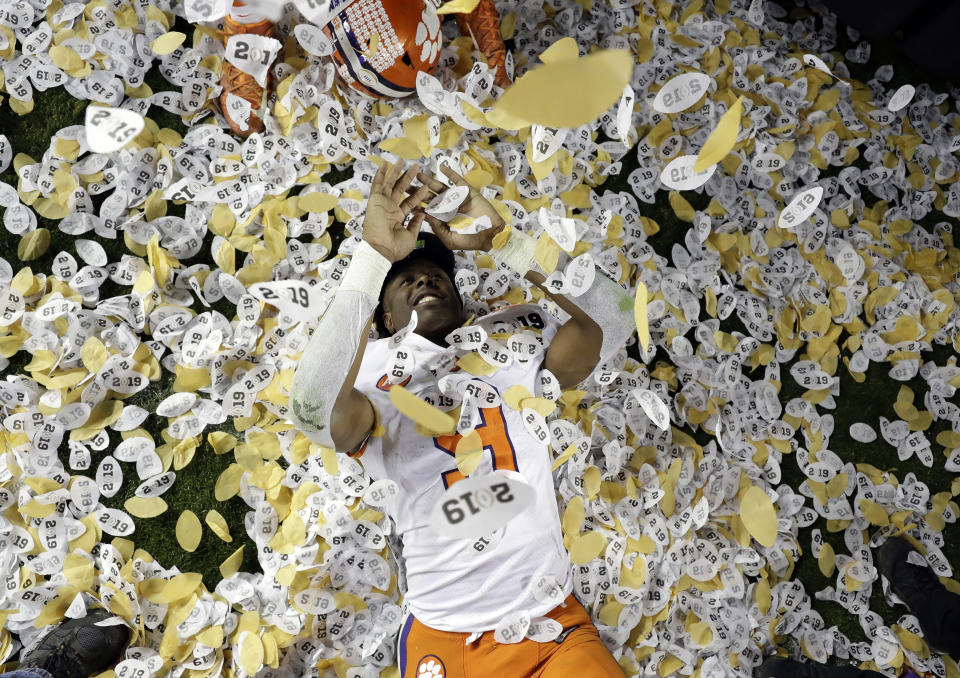 Clemson’s Travis Etienne celebrates after the NCAA college football playoff championship game against Alabama, Monday, Jan. 7, 2019, in Santa Clara, Calif. Clemson beat Alabama 44-16. (Photo: David J. Phillip/P)