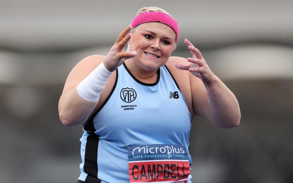Amelia Campbell of Team Thames Valley Harries reacts while competing in Women's Shot Put on Day Two of UK Athletics Championships 2024 at Manchester Regional Arena on June 30, 2024 in Manchester, England