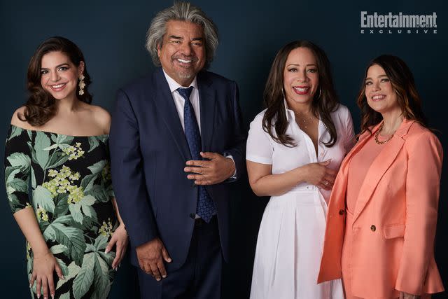 <p>JSquared Photography/NBCUniversal</p> 'Lopez vs. Lopez' stars Mayan Lopez, George Lopez, and Selenis Leyva, and co-creator Debby Wolfe