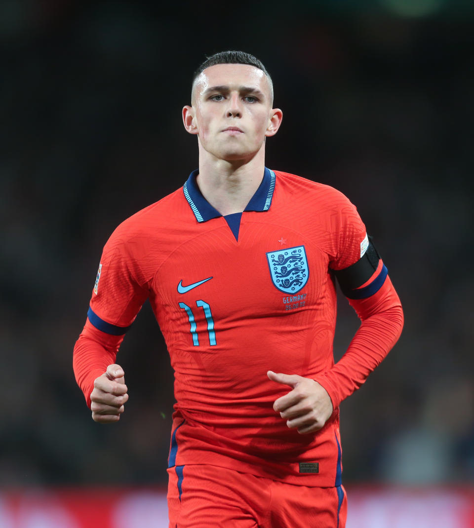 LONDON, ENGLAND - SEPTEMBER 26: Englands Phil Foden during the UEFA Nations League League A Group 3 match between England and Germany at Wembley Stadium on September 26, 2022 in London, United Kingdom. (Photo by Rob Newell - CameraSport via Getty Images)