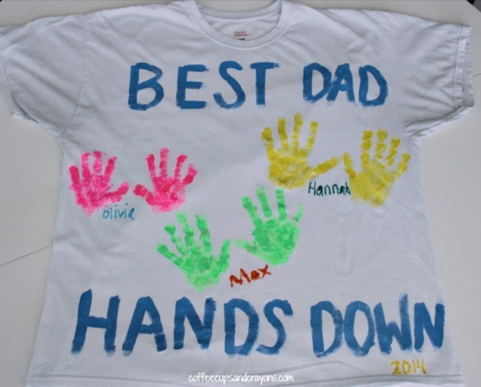 <p>Coffee Cups and Crayons</p><p>This hands-on craft from <a href="https://www.coffeecupsandcrayons.com/diy-hand-print-fathers-day-t-shirt/" rel="nofollow noopener" target="_blank" data-ylk="slk:Coffee Cups and Crayons;elm:context_link;itc:0;sec:content-canvas" class="link ">Coffee Cups and Crayons</a> is safe and fun for toddlers, preschoolers and kids of all ages. All you need is a T-shirt, paint and little hands.</p>