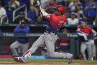 Dominican Republic Juan Soto (22) hits a single to left field during the first inning of a World Baseball Classic game against Nicaragua, Monday, March 13, 2023, in Miami. (AP Photo/Marta Lavandier)