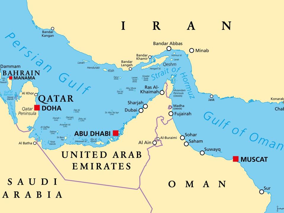 map of region showing Oman, Iran, UAE, Qatar, Saudi Arabia