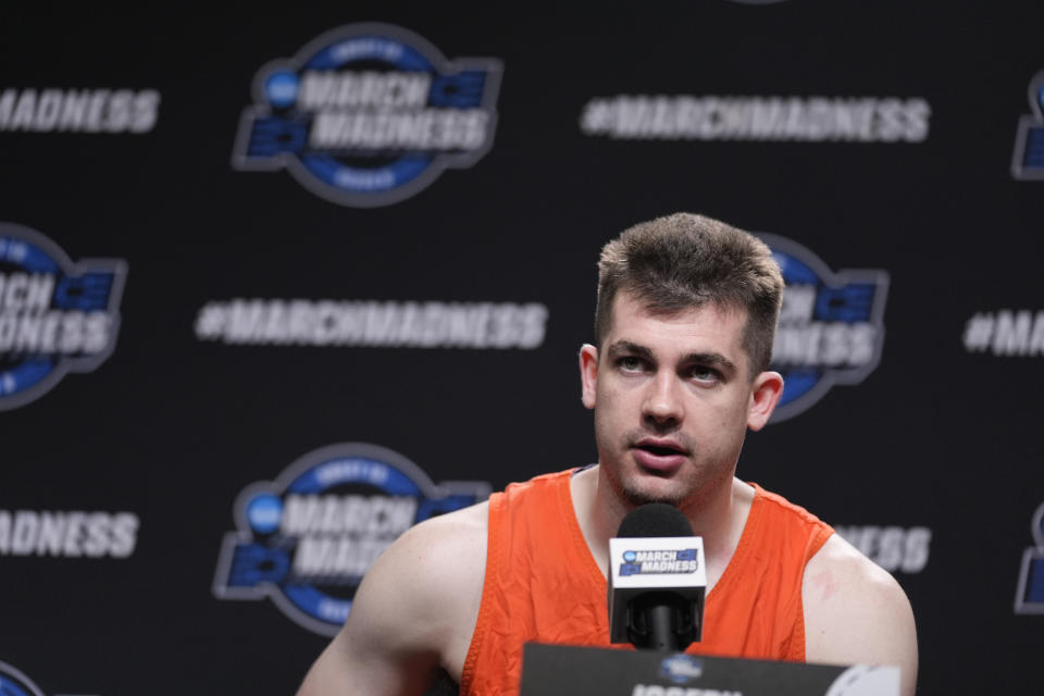 Clemson guard Joseph Girard III fields questions ahead of the team's Sweet Sixteen college basketball game in the NCAA tournament Wednesday, March 27, 2024, in Los Angeles. Clemson plays Arizona on Thursday. (AP Photo/Marcio Jose Sanchez)