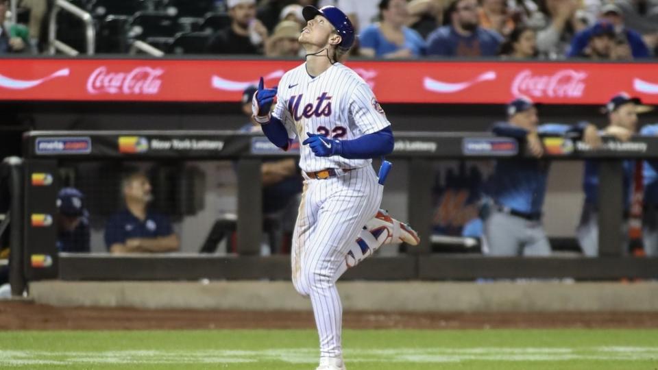 May 16, 2023; New York City, New York, USA; New York Mets third baseman Brett Baty (22) gestures after hitting a home run in the sixth inning against the Tampa Bay Rays at Citi Field.