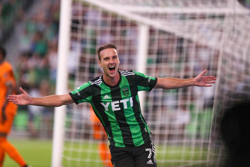 Austin FC midfielder Tomás Pochettino celebrates after scoring a goal against the Houston Dynamo FC in August. The Argentinian was loaned out to Atlético River Plate of Argentina after a disappointing season with the club.