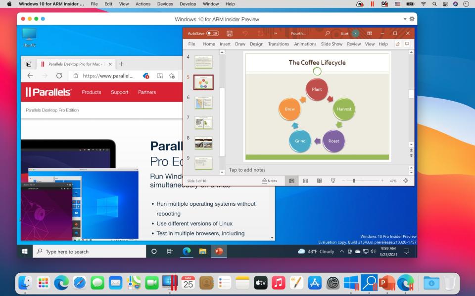 Microsoft PowerPoint and Microsoft Edge running in Parallels Desktop 16.5 on an M1 Mac