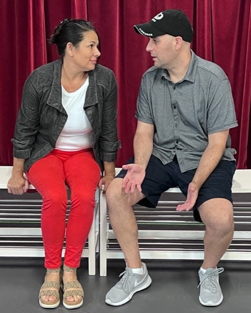 Kenji Trujilo as Meghan and Scott Ehrenpreis as Rusty rehearse for the world premiere of Douglas Gearhart’s play “The Manager” at the Players Centre for Performing Arts