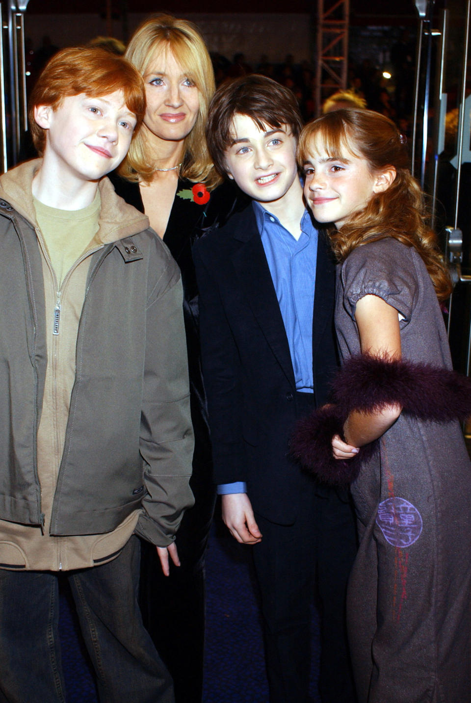 (L-R) Rupert Grint, J K Rowling, Daniel Radcliffe and Emma Watson arrive for world premiere of 'Harry Potter and the Philosopher's Stone at the Odeon Leicester Square in London.