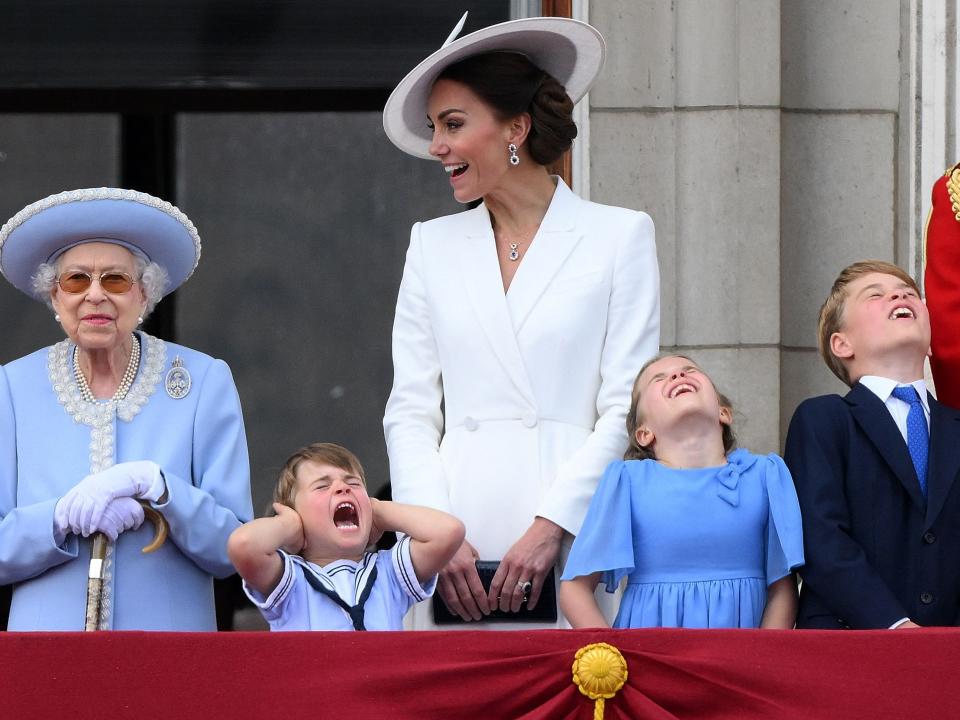 Prince George, Princess Charlotte, Prince Louis, Kate Middleton, and the Queen in June.