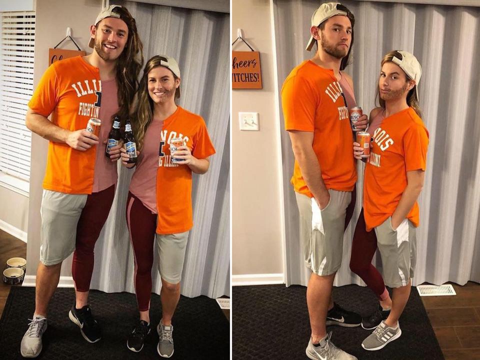 A couple dressed as each other's "better half" pose for a photo.