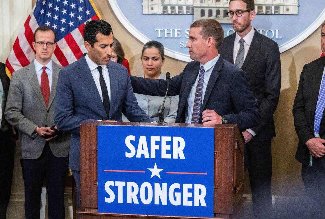 Assembly Speaker Robert Rivas, left, D-Hollister, and Senate President Pro Tem Mike McGuire, D-Healdsburg, speak in June at the state Capitol about amendments to a package of bills to address retail theft.