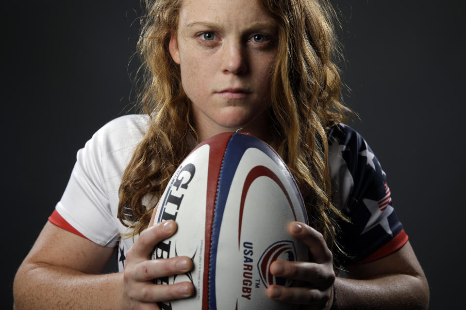 FILE - Rugby player Alev Kelter poses at the 2016 Team USA Media Summit in Beverly Hills, Calif., March 8, 2016. Lauren Doyle and Alev Kelter will appear at their third Olympics with a shot at helping the United States win its first rugby sevens medal in Paris.(AP Photo/Jae C. Hong, File)