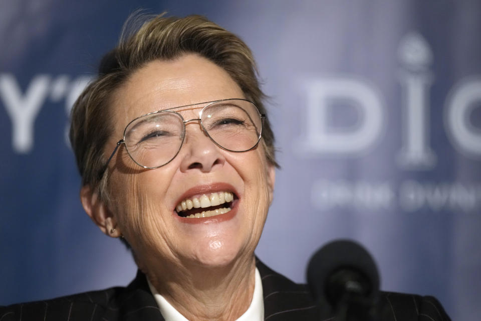 Actor Annette Bening, Hasty Pudding 2024 Woman of the Year, takes questions from reporters during a news conference at Fargas Hall theater, Tuesday, Feb. 6, 2024, in Cambridge, Mass. The award was presented to Bening by Hasty Pudding Theatricals, a theatrical student society at Harvard University. (AP Photo/Steven Senne)