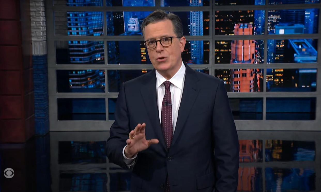 <span>Stephen Colbert: ‘The last four weeks have been full of lurid, shocking sexual revelations that we learned six years ago.’</span><span>Photograph: YouTube</span>