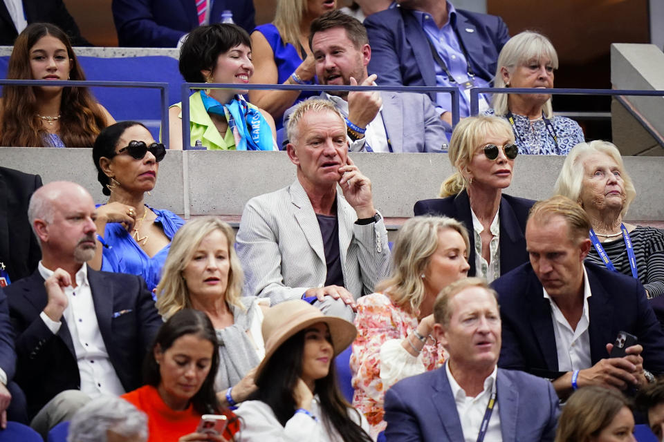 Sting attends the men's singles final of the U.S. Open tennis championships, between Novak Djokovic, of Serbia, and Daniil Medvedev, of Russia, Sunday, Sept. 10, 2023, in New York. (AP Photo/Frank Franklin II)