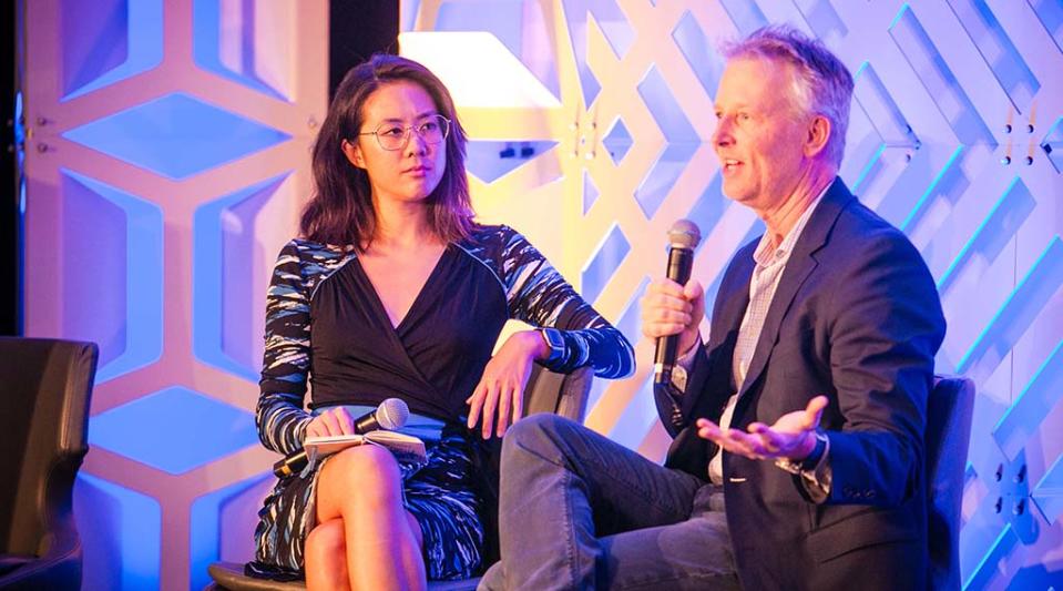 Elaine Low (l.) of The Ankler talks with Chris Ottinger of Amazon MGM Studios Distribution during the opening keynote of the Next TV Summit, an L.A. TV Week event held June 20 at the Sofitel Los Angeles in Beverly Hills.