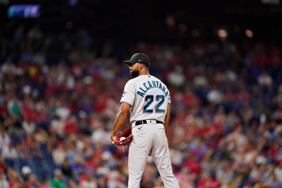 Miami Marlins’ Sandy Alcantara plays during a baseball game, Wednesday, Aug. 10, 2022, in Philadelphia.