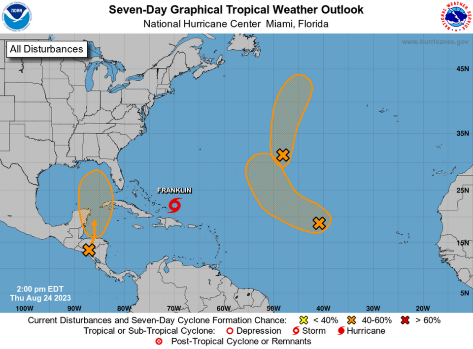 National Hurricane Center seven-day forecast as of 2 p.m. Thursday National Hurricane Center